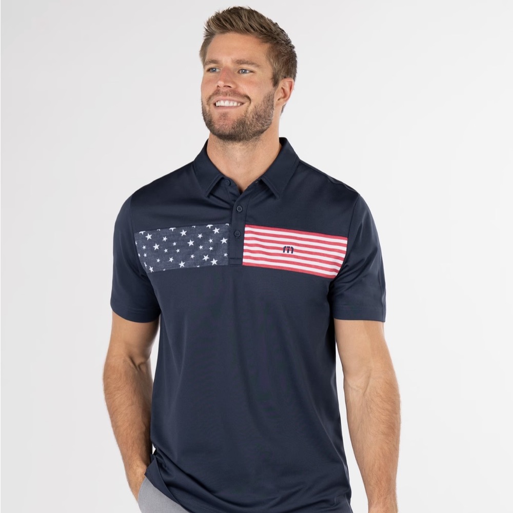 Travis Mathew Navy Polo with American Flag Design